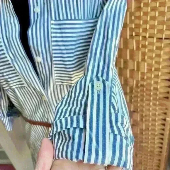 Michael Kors Blue Pin Stripe Belted Midi Button Down Dress - Picture 5 of 12